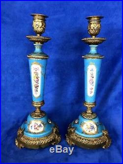 Pr Antique French Candelabra Candle Holder Gild Brass & Sevres Porcelain Floral