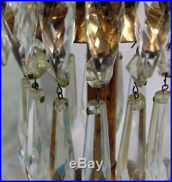 Pr Antique French Longwy Crystal Brass Prism Candleholders Candle Stands