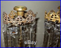 Pr Antique GIRANDOLES 19th C. Brass Prisms 13.5 Candleholders Girls Fawn Deer