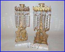 Pr Antique GIRANDOLES 19th C. Brass Prisms 13.5 Candleholders Girls Fawn Deer