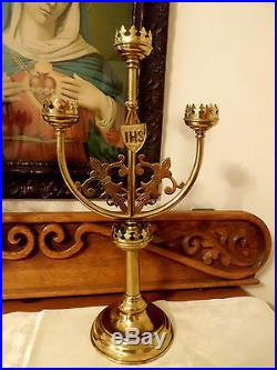 Pr Church Brass Altar Candle Stick Holder Candelabra Gothic Arts & Crafts 21H