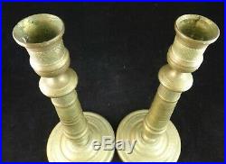 Pr. French 1st Empire Solid Brass Candlesticks with turned decorations. 10 14/16 t