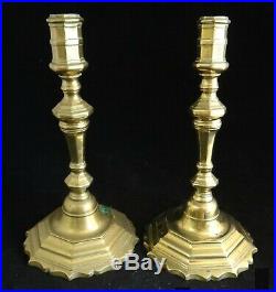 Pr. French Louis XV period solid brass candlesticks, c. 1710-45. 10