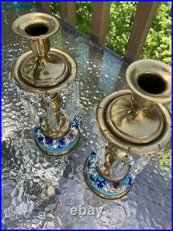 Pr LONGWY French Pottery & Brass 10 Candlesticks Candle Holders With Prisms