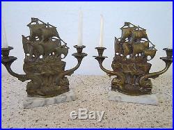 Pr Of Antique Nautical Mantle Candle Holder's Brass Ship & Dolphin Motif