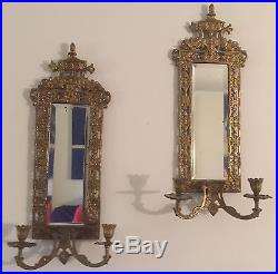 Pr VTG Figural Art Brass Wall Mount Mirrors Candle Holder Sconce