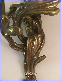 Pr VTG Solid Brass 3 Arm Wall Mount Candle Holder Modern Metal Art Floral Motif