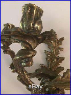 Pr VTG Solid Brass 3 Arm Wall Mount Candle Holder Modern Metal Art Floral Motif