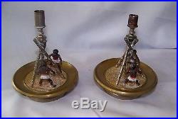 Pr Vintage Brass Blackamoor Figural Candlesticks w Kettles & Swords / RARE