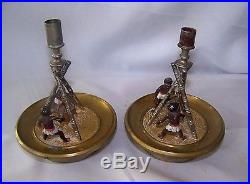 Pr Vintage Brass Blackamoor Figural Candlesticks w Kettles & Swords / RARE