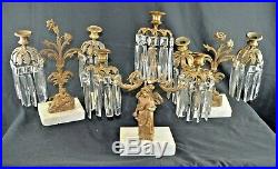 Qty3 Brass on Marble Base Girandoles Crystal Prism Candle Holders Victorian