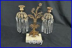 Qty3 Brass on Marble Base Girandoles Crystal Prism Candle Holders Victorian