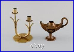 Quistgaard, Gusum, Ystad Metall et al. Oil lamp and four candlesticks in brass