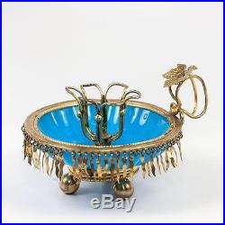 RARE Antique French Blue Opaline Candle Holder, Candlestick, Fringed Gilt Brass