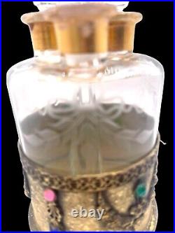 RARE Empire Art 1920's Triple Etched Perfume Bottles Metal Etched Jeweled Holder