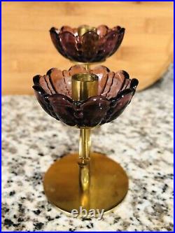 RARE Mid Century Gunnar Ander Ystad Brass Amethyst Glass Sweden Candlestick 60s