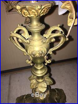 RARE PAIR BRASS or BRONZE CANDLEABRA S WITH GLASS FLOWERS 31'H CIRCIA 1910