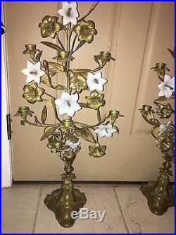 RARE PAIR BRASS or BRONZE CANDLEABRA S WITH GLASS FLOWERS 31'H CIRCIA 1910