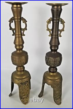 RARE Pair of Vintage Brass Asian Candle Candlestick Holder 14.5 in Tall