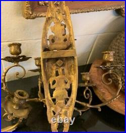RARE Set of 2 Harvin Brass Sand Cast 5 Arm Wall Candle Holder Sconces Excellent