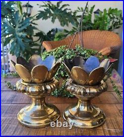 RARE Vintage Pair Solid Heavy Brass Flower Sculpture Pillar Candle Holder 9x6x5