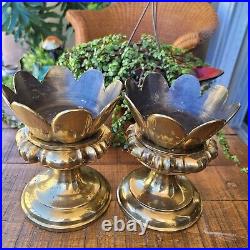 RARE Vintage Pair Solid Heavy Brass Flower Sculpture Pillar Candle Holder 9x6x5