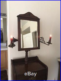 Rare American Antique Victorian Walnut Shaving Stand Mirror Brass Candle Holders