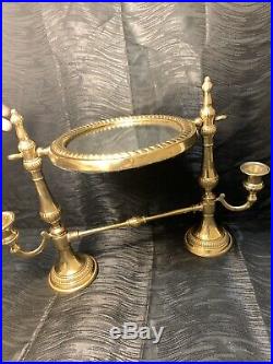 Rare Antique Solid Brass Tilting Vanity Shaving Mirror Candle Holders French Vtg