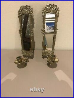 Rare PAIR VINTAGE ORNATE MIRRORED BRASS GOLD SCONCE CANDLE HOLDERS FLORAL 14 X 4
