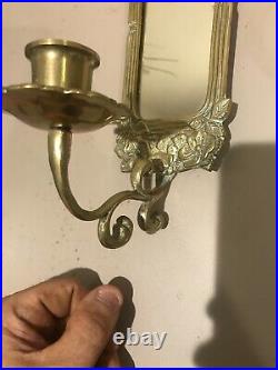Rare PAIR VINTAGE ORNATE MIRRORED BRASS GOLD SCONCE CANDLE HOLDERS FLORAL 14 X 4