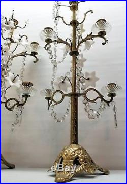 Rare Pair Antique Church Candlestick Candelabra Brass and Opaline Glass Flower