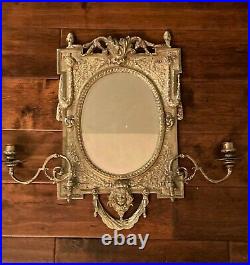 Rare VINTAGE BRASS MIRRORED WALL HANGING SCONCE WITH TWO-ARM CANDLE HOLDERS