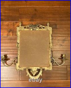 Rare VINTAGE BRASS MIRRORED WALL HANGING SCONCE WITH TWO-ARM CANDLE HOLDERS