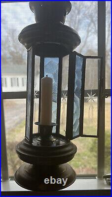 Rare Vintage 50s Brass Candle Lanterns Etched Blue/Clear Glass 6 Panels Set Of 2