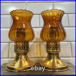 Rare Vintage Brass Mason Candlelight Co. Candlestick Holders & Heavy Amber Glass