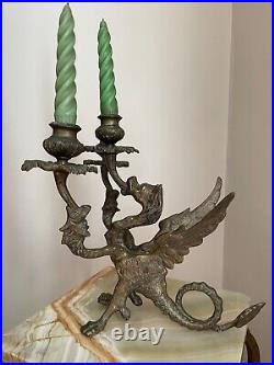 Rare Winged Dragon Brass Griffon Firebird Candle holder 3 Arms 19th Century