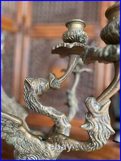 Rare Winged Dragon Brass Griffon Firebird Candle holder 3 Arms 19th Century
