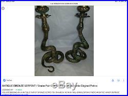 Rare pair antique cast SOLID BRASS BRONZE snake python serpent candle holders