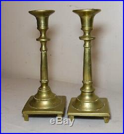 Rare pair primitive antique 18th century turned brass candlestick candle holder