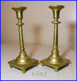 Rare pair primitive antique 18th century turned brass candlestick candle holder