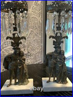 SET Of 2 Antique Ornate Girandole Bronze Brass Crystal Candle Holders Candelabra