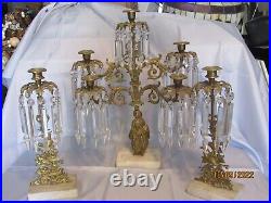 SET Victorian girandole French crystal candelabra candle holders brass BIRDS