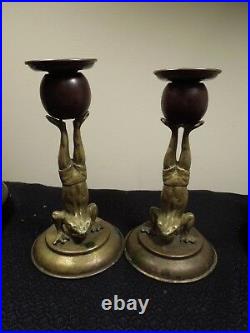 SIGNED 1977 Pair Of ARTHUR COURT Frog Brass & Wood Candle Holders RARE / HTF