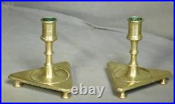 SWEET Pair 17th 18th Century Brass Candle Stick Holder Triangular Footed Spanish