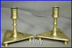 SWEET Pair 17th 18th Century Brass Candle Stick Holder Triangular Footed Spanish