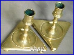 SWEET Pair 17th 18th Century Brass Candle Stick Holder Triangular Footed Spanish