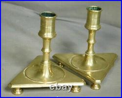 SWEET Pair 17th 18th Century Brass Candle Stick Holder Triangular Footed Spanish