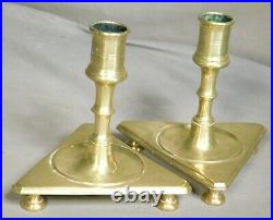 SWEET Pair 17th 18th Century Brass Candle Stick Holder Triangular Footed Spanish