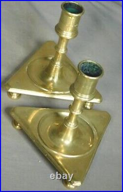 SWEET Pair 17th 18th Century Brass Candle Stick Holder Triangular Footed Spanish