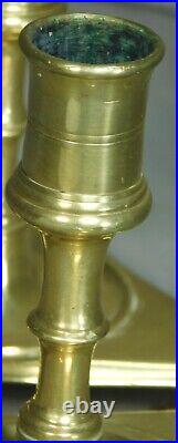 SWEET Pair 17th 18th Century Brass Candle Stick Holder Triangular Footed Spanish